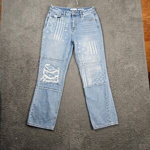 CLEO + WOLF 28x30 High Rise Straight Jeans‎ Bandana Patch Distressed Blue Wash